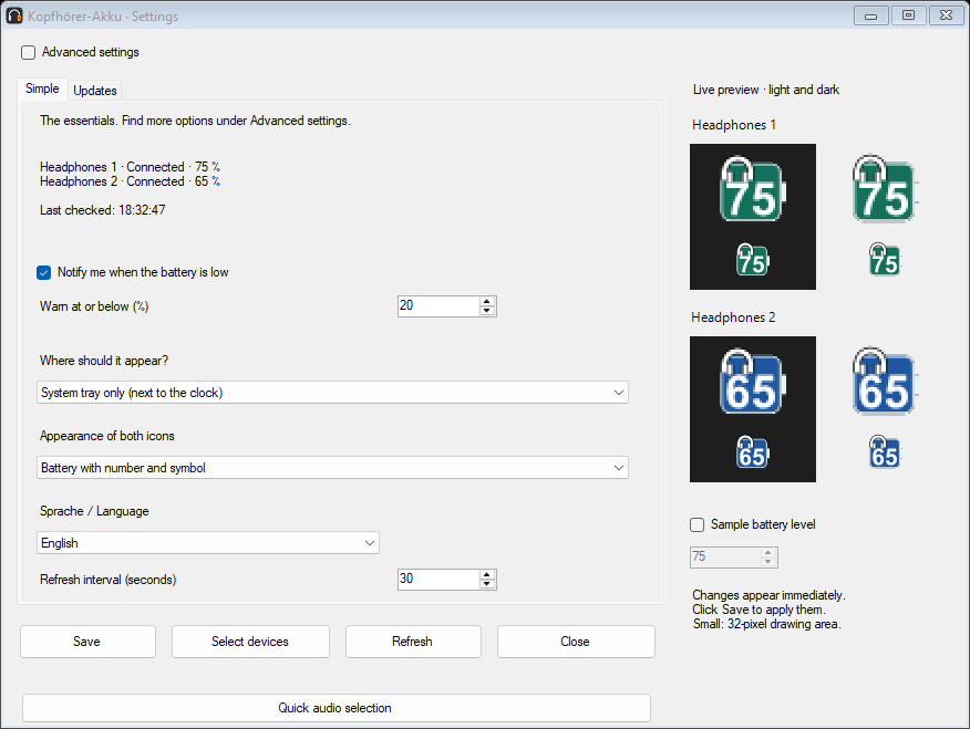 Version 1.6.1 settings in English, with English selected